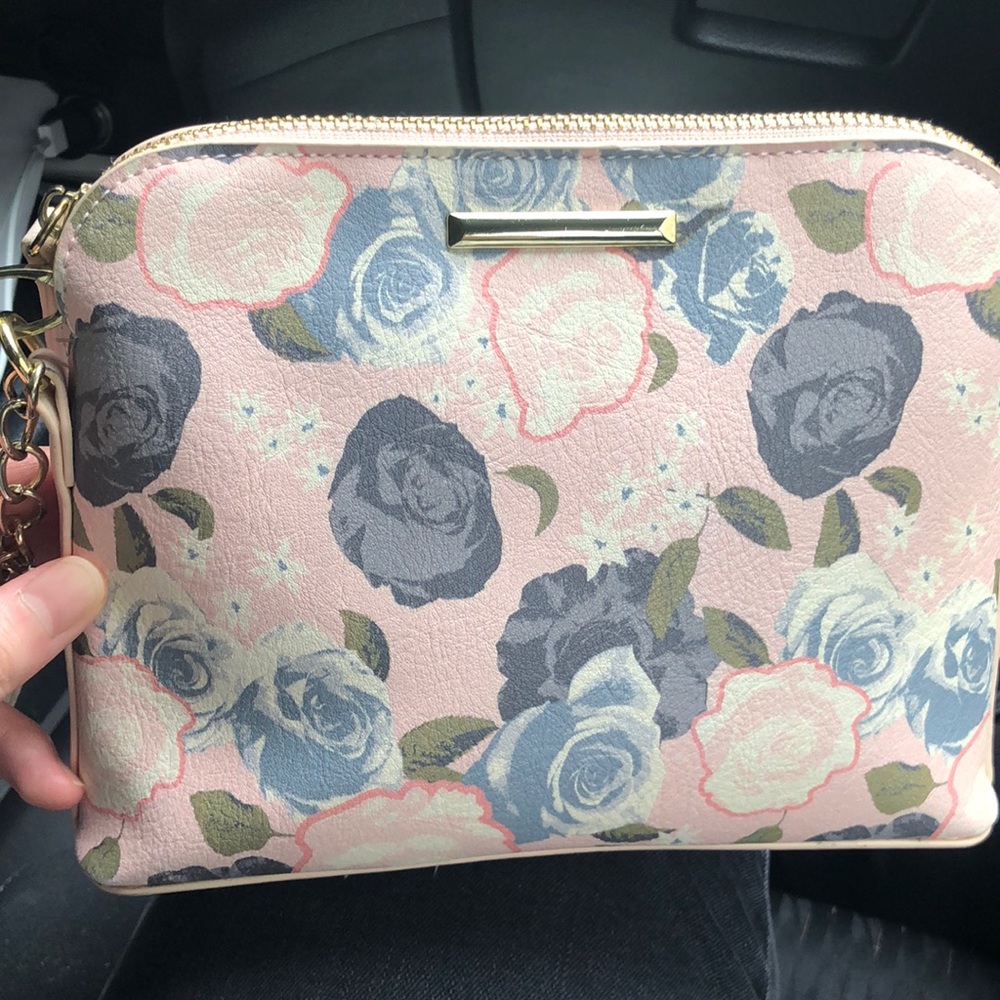 Pink & blue rose print shoulder strap bag purse